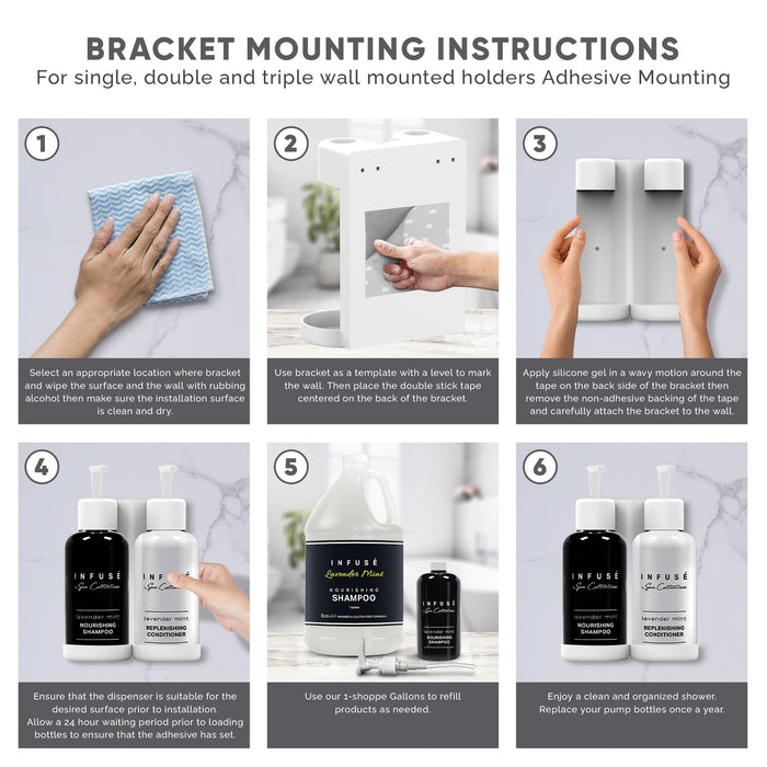 Infuse Lavender Mint | Wall-Mounted No Drill Shower Soap Amenities Dispenser | 10.14 oz. / 300 ml Bottles | Tamper Proof Locking Bracket | 1 Bracket with Shampoo and Conditioner