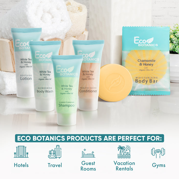 Eco Botanics Hotel Soaps & Toiletries Bulk Set | 0.85oz Hotel Shampoo & Conditioner, Body Wash, Body Lotion & Bar Soap Travel Size | 300 Pieces