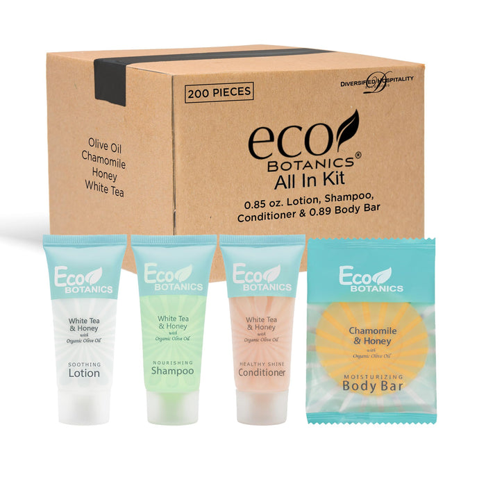 Eco Botanics Hotel Soaps and Toiletries Bulk Set | 1-Shoppe All-In-Kit Amenities for Hotels & Airbnb | 0.85 oz Hotel Shampoo, Conditioner & Lotion, 0.89 oz Bar Soap Travel Size | 200 Pieces