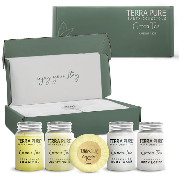 Terra Pure Green Tea Amenity Kit | Boxed Hotel Toiletries | Bulk Set 1oz Travel Size Shampoo, Conditioner, Lotion, Body Wash & Body Bar Soap for Guest Hospitality AirBnB/Vacation Rentals | 1 set/ case