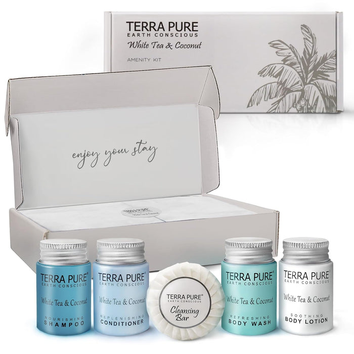 Terra Pure White Tea and Coconut Amenity Kit | Hotel Toiletries | 1oz Travel Size Shampoo, Conditioner, Lotion, Body Wash & Cleansing Bar for Guest Hospitality AirBnB/Vacation Rentals | 1 set/case