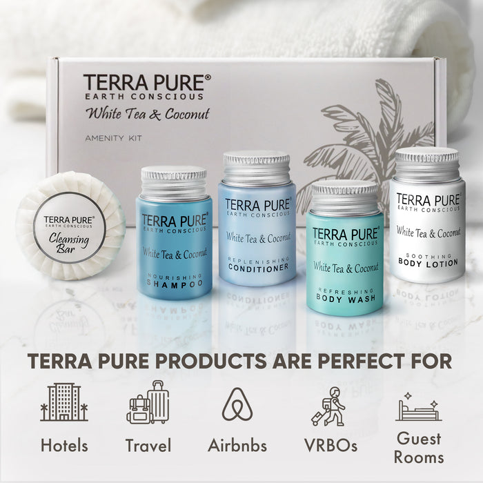 Terra Pure White Tea and Coconut Amenity Kit | Hotel Toiletries | 1oz Travel Size Shampoo, Conditioner, Lotion, Body Wash & Cleansing Bar for Guest Hospitality AirBnB/Vacation Rentals | 1 set/case