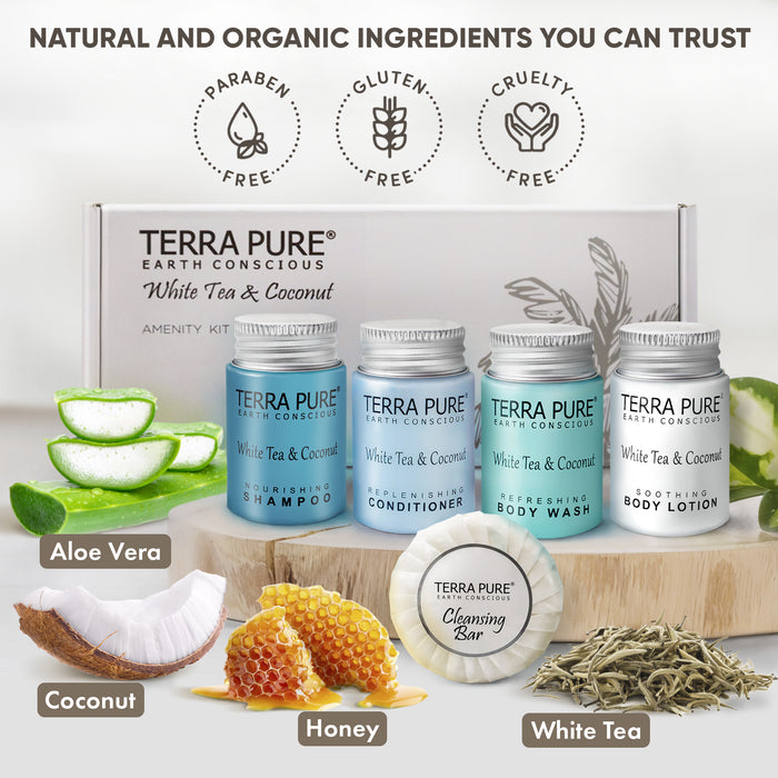 Terra Pure White Tea and Coconut Amenity Kit | Hotel Toiletries | 1oz Travel Size Shampoo, Conditioner, Lotion, Body Wash & Cleansing Bar for Guest Hospitality AirBnB/Vacation Rentals | 1 set/case