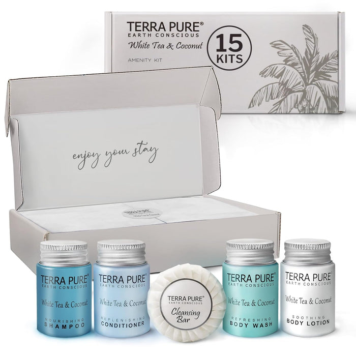 Terra Pure White Tea and Coconut Amenity Kit | Hotel Toiletries | Bulk Set 1oz Travel Size Shampoo, Conditioner, Lotion, Body Wash & Cleansing Bar for Guest Hospitality Vacation Rentals | 15 sets/case