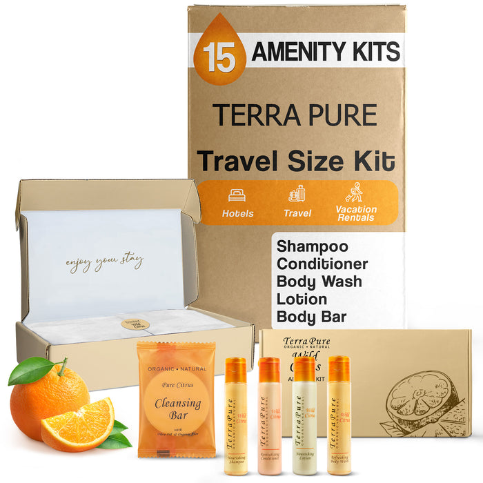 Terra Pure Amenity Kit | Boxed Hotel Toiletries | Bulk Set 1oz Travel Size Shampoo, Conditioner, Lotion, Body Wash & Cleansing Bar for Guest Hospitality AirBnB/Vacation Rentals | 15 sets per case