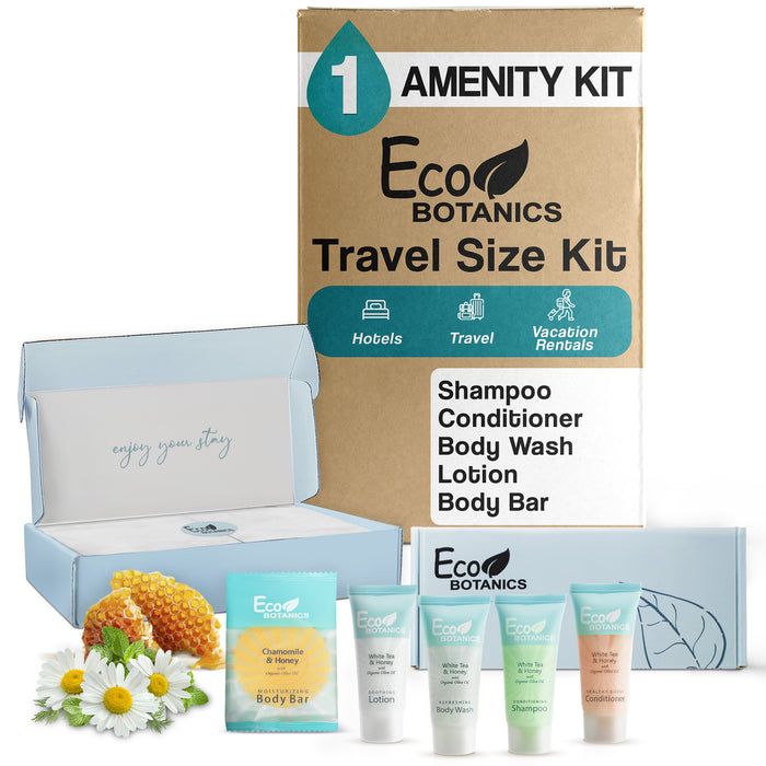 Eco Botanics Amenity Kit | Boxed Hotel Toiletries | Bulk Set 0.85 oz Travel Size Shampoo, Conditioner, Lotion, Body Wash & Body Bar Soap for Guest Hospitality AirBnB/Vacation Rentals | 1 set per case