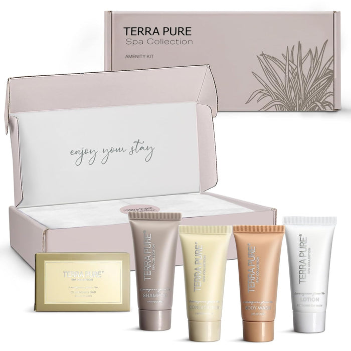 Terra Pure Spa Collection Amenity Kit | Hotel Toiletries | Bulk Set 1 oz Travel Size Shampoo, Conditioner, Lotion, Body Wash & Massage Bar for Guest Hospitality AirBnB/Vacation Rentals | 1 set/ case