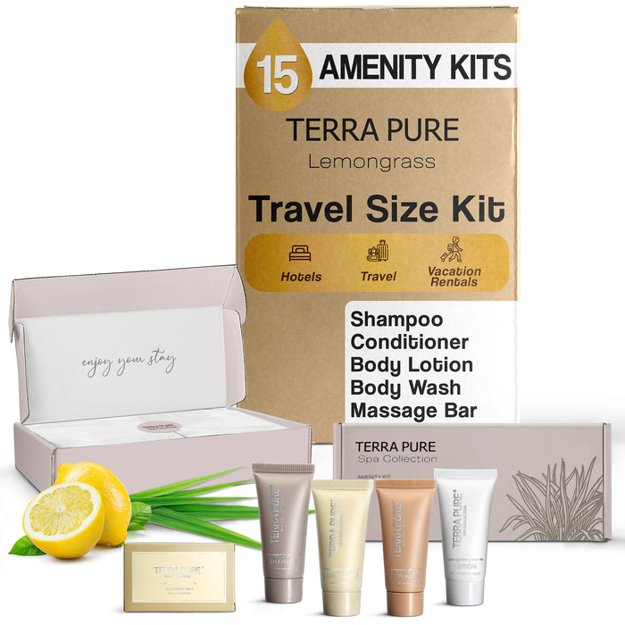 Terra Pure Spa Collection Amenity Kit | Hotel Toiletries | Bulk Set 1oz Travel Size Shampoo, Conditioner, Lotion, Body Wash & Massage Bar for Guest Hospitality AirBnB/Vacation Rentals | 15 sets/case