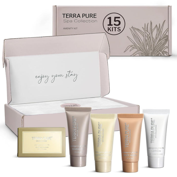 Terra Pure Spa Collection Amenity Kit | Hotel Toiletries | Bulk Set 1oz Travel Size Shampoo, Conditioner, Lotion, Body Wash & Massage Bar for Guest Hospitality AirBnB/Vacation Rentals | 15 sets/case