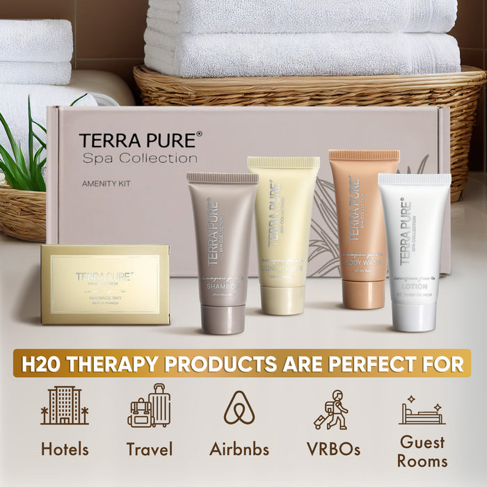 Terra Pure Spa Collection Amenity Kit | Hotel Toiletries | Bulk Set 1oz Travel Size Shampoo, Conditioner, Lotion, Body Wash & Massage Bar for Guest Hospitality AirBnB/Vacation Rentals | 15 sets/case