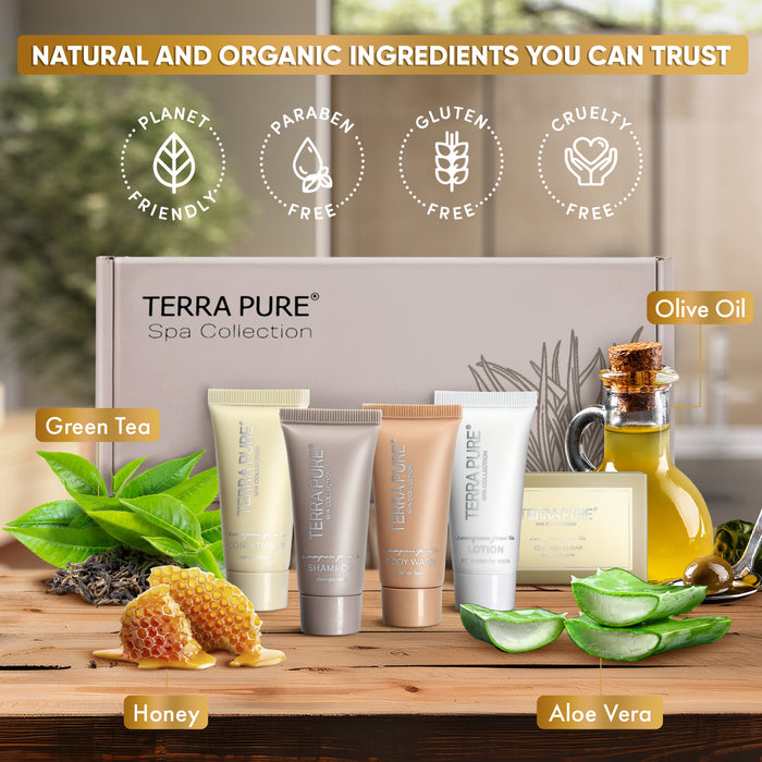 Terra Pure Spa Collection Amenity Kit | Hotel Toiletries | Bulk Set 1oz Travel Size Shampoo, Conditioner, Lotion, Body Wash & Massage Bar for Guest Hospitality AirBnB/Vacation Rentals | 15 sets/case