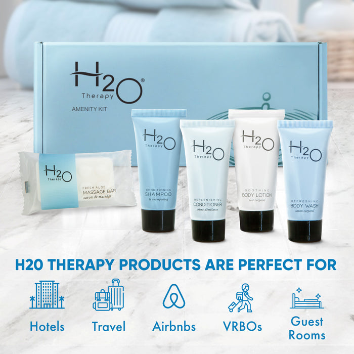 H2O Therapy Amenity Kit | Boxed Hotel Toiletries | Bulk Set 0.85 oz Travel Size Shampoo, Conditioner, Lotion, Body Wash & Body Bar Soap for Guest Hospitality AirBnB/Vacation Rentals | 1 set per case