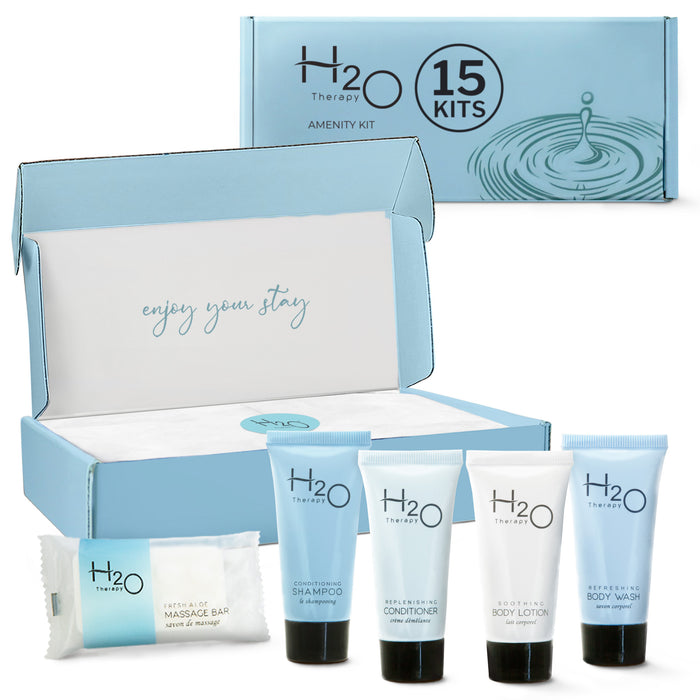 H2O Therapy Amenity Kit | Boxed Hotel Toiletries | Bulk Set .85 oz Travel Size Shampoo, Conditioner, Lotion, Body Wash & Body Bar Soap for Guest Hospitality AirBnB/Vacation Rentals | 15 sets per case