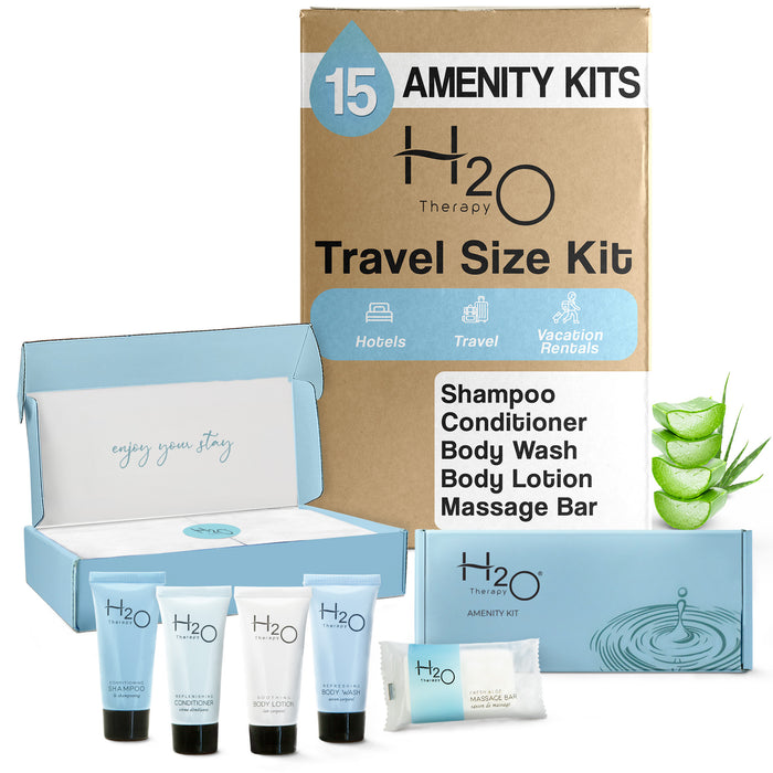 H2O Therapy Amenity Kit | Boxed Hotel Toiletries | Bulk Set .85 oz Travel Size Shampoo, Conditioner, Lotion, Body Wash & Body Bar Soap for Guest Hospitality AirBnB/Vacation Rentals | 15 sets per case