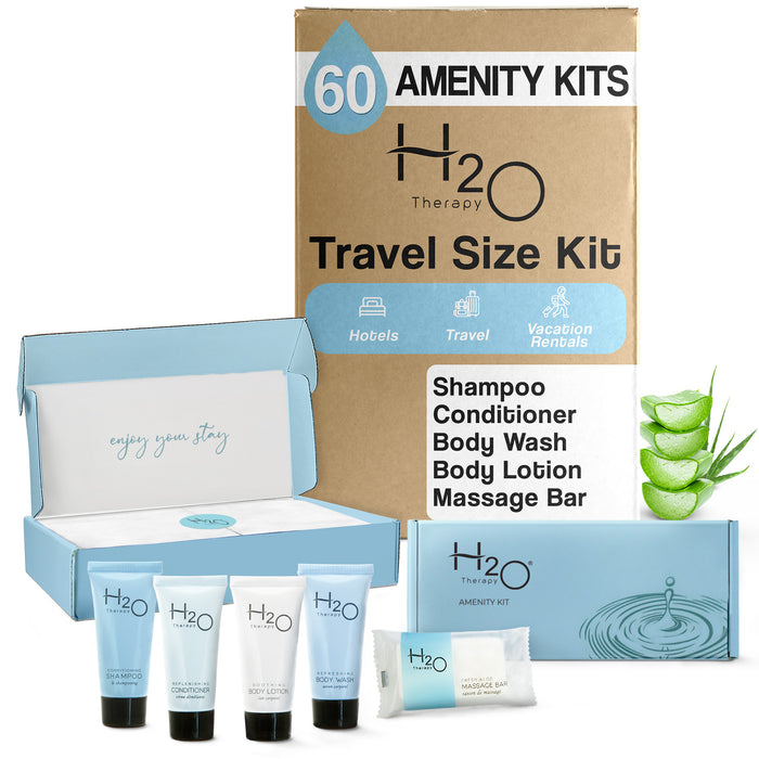 H2O Therapy Amenity Kit | Boxed Hotel Toiletries | Bulk Set .85 oz Travel Size Shampoo, Conditioner, Lotion, Body Wash & Body Bar Soap for Guest Hospitality AirBnB/Vacation Rentals | 60 sets per case