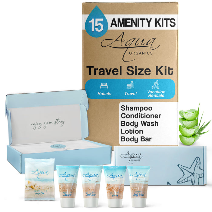 Aqua Organics Amenity Kit | Boxed Hotel Toiletries | Bulk Set 1 oz Travel Size Shampoo, Conditioner, Lotion, Body Wash & Body Bar Soap for Guest Hospitality AirBnB/Vacation Rentals | 15 sets per case