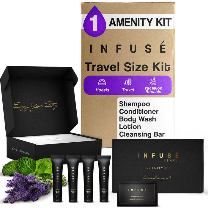 Infuse Black Amenity Kit | Boxed Hotel Toiletries | Bulk Set 1 oz Travel Size Shampoo, Conditioner, Lotion, Body Wash & Cleansing Bar for Guest Hospitality AirBnB/Vacation Rentals | 1 set per case