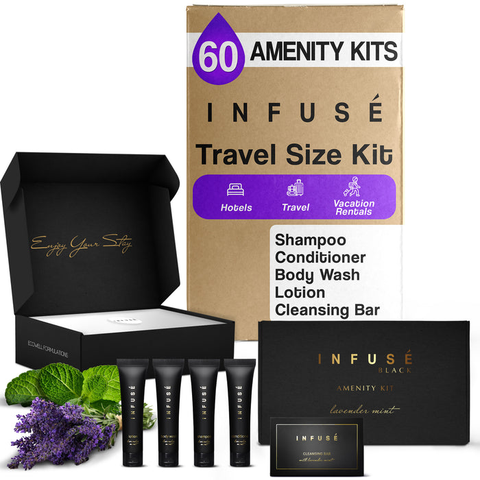 Infuse Black Amenity Kit | Boxed Hotel Toiletries | Bulk Set 1 oz Travel Size Shampoo, Conditioner, Lotion, Body Wash & Cleansing Bar for Guest Hospitality AirBnB/Vacation Rentals | 60 sets per case