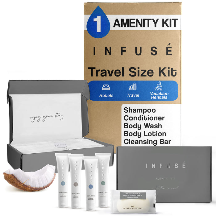 Infuse Amenity Kit | Boxed Hotel Toiletries | Bulk Set 1 oz Travel Size Shampoo, Conditioner, Lotion, Body Wash & Cleansing Bar for Guest Hospitality AirBnB/Vacation Rentals | 1 set per case