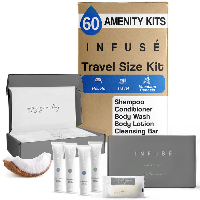 Infuse Amenity Kit | Boxed Hotel Toiletries | Bulk Set 1 oz Travel Size Shampoo, Conditioner, Lotion, Body Wash & Cleansing Bar for Guest Hospitality AirBnB/Vacation Rentals | 60 sets per case