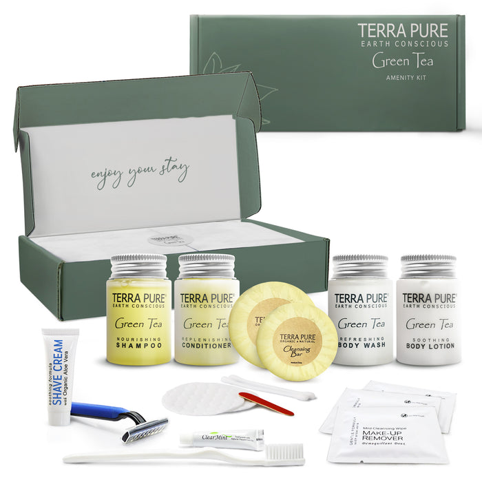 Terra Pure Green Tea Amenity & Accessory Kit | 1 oz Travel Size Shampoo, Conditioner, Lotion, Body Wash, 2 Soap Bars, Shave & Dental Sets, Make-Up Remover Wipes, & Vanity Kit | 1 set per case