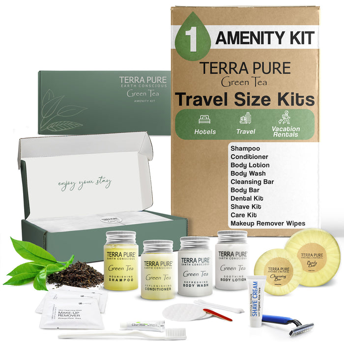 Terra Pure Green Tea Amenity & Accessory Kit | 1 oz Travel Size Shampoo, Conditioner, Lotion, Body Wash, 2 Soap Bars, Shave & Dental Sets, Make-Up Remover Wipes, & Vanity Kit | 1 set per case