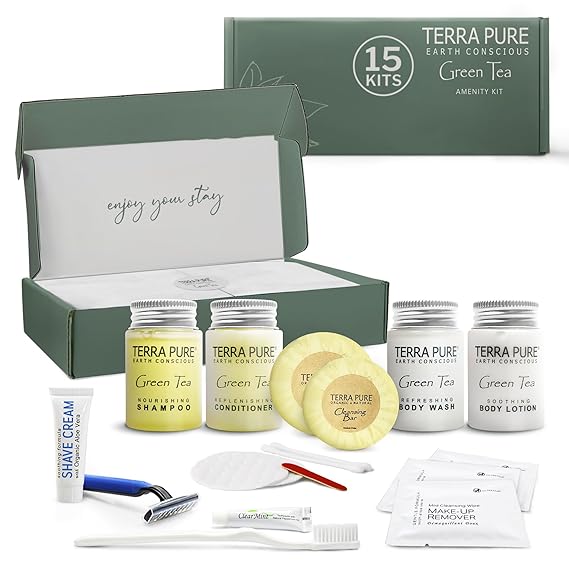 Terra Pure Green Tea Amenity & Accessory Kit | 1 oz Travel Size Shampoo, Conditioner, Lotion, Body Wash, 2 Soap Bars, Shave & Dental Sets, Make-Up Remover Wipes, & Vanity Kit | 15 sets per case