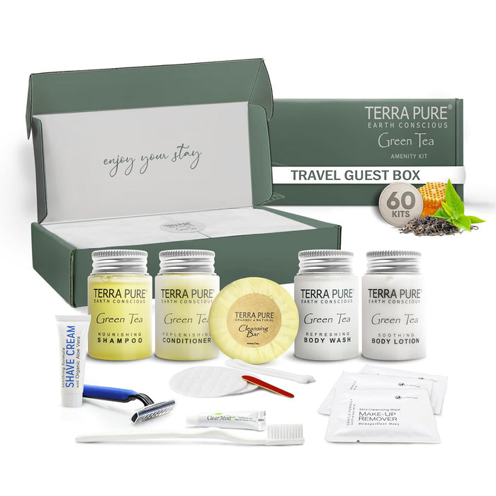 Terra Pure Green Tea Amenity & Accessory Kit | 1 oz Travel Size Shampoo, Conditioner, Lotion, Body Wash, 2 Soap Bars, Shave & Dental Sets, Make-Up Remover Wipes, & Vanity Kit | 60 sets per case