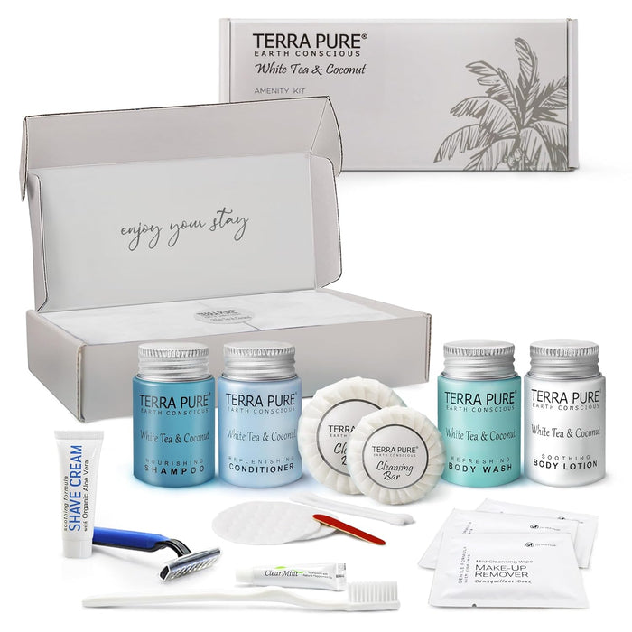 Terra Pure White Tea & Coconut Amenity & Accessory Kit |1 oz Travel Size Shampoo, Conditioner, Lotion, Body Wash, 2 Cleansing Bars, Shave & Dental Sets, Make-Up Remover Wipes, & Vanity Kit | 1 Box