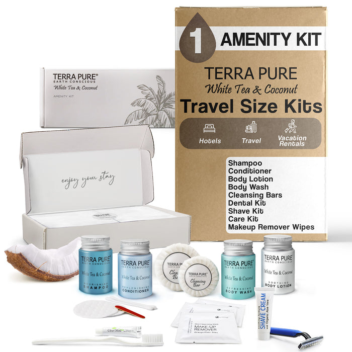 Terra Pure White Tea & Coconut Amenity & Accessory Kit |1 oz Travel Size Shampoo, Conditioner, Lotion, Body Wash, 2 Cleansing Bars, Shave & Dental Sets, Make-Up Remover Wipes, & Vanity Kit | 1 Box