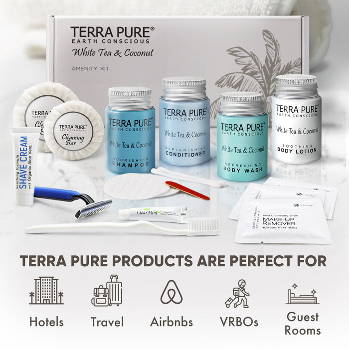 Terra Pure White Tea & Coconut Amenity & Accessory Kit |1 oz Travel Size Shampoo, Conditioner, Lotion, Body Wash, 2 Cleansing Bars, Shave & Dental Sets, Make-Up Remover Wipes, & Vanity Kit | 1 Box