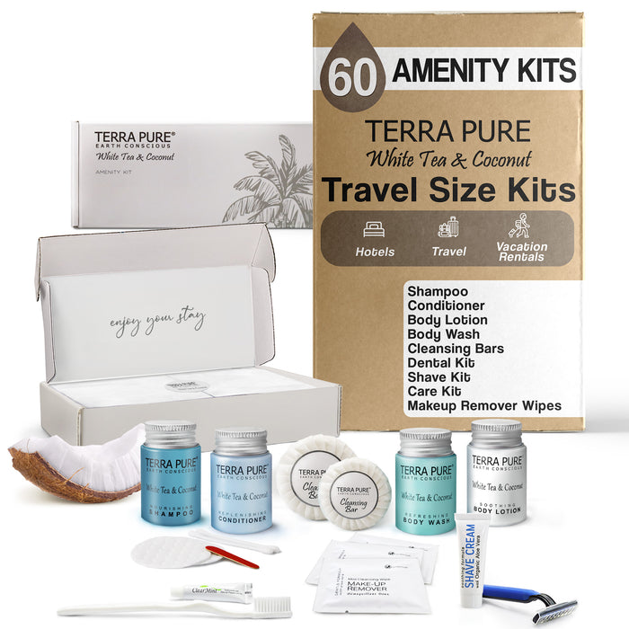 Terra Pure White Tea & Coconut Amenity & Accessory Kit |1oz Travel Size Shampoo, Conditioner, Lotion, Body Wash, 2 Cleansing Bars, Shave & Dental Sets, Make-Up Remover Wipes, & Vanity Kit | 60 Boxes