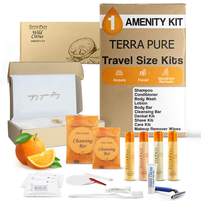 Terra Pure Amenity & Accessory Kit |1 oz Travel Size Shampoo, Conditioner, Lotion, Body Wash, 2 Cleansing Bars, Shave & Dental Sets, Make-Up Remover Wipes, & Vanity Kit | 1 set per case