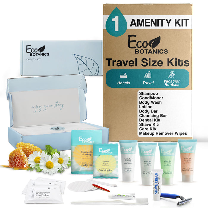 Eco Botanics Amenity & Accessory Kit | 0.85 oz Travel Size Shampoo, Conditioner, Lotion, Body Wash, Body Bar, Cleansing Bar, Shave & Dental Sets, Make-Up Remover Wipes, & Vanity Kit | 1 set per case