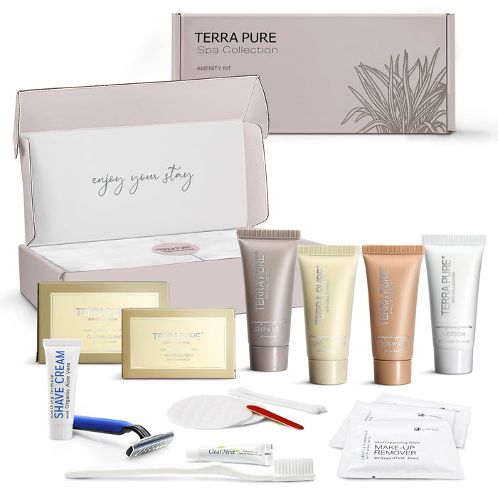 Terra Pure Spa Collection Amenity & Accessory Kit |1 oz Travel Size Shampoo, Conditioner, Lotion, Body Wash, 2 Soap Bars, Shave & Dental Sets, Make-Up Remover Wipes, & Vanity Kit | 1 set per case