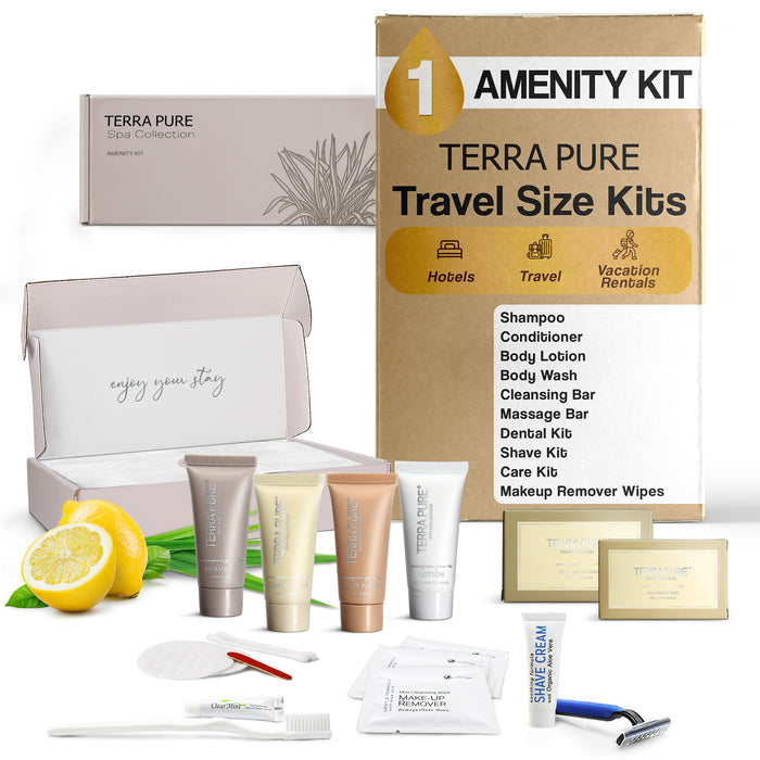 Terra Pure Spa Collection Amenity & Accessory Kit |1 oz Travel Size Shampoo, Conditioner, Lotion, Body Wash, 2 Soap Bars, Shave & Dental Sets, Make-Up Remover Wipes, & Vanity Kit | 1 set per case