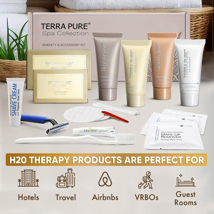 Terra Pure Spa Collection Amenity & Accessory Kit |1 oz Travel Size Shampoo, Conditioner, Lotion, Body Wash, 2 Soap Bars, Shave & Dental Sets, Make-Up Remover Wipes, & Vanity Kit | 1 set per case