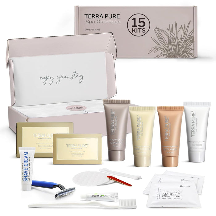 Terra Pure Spa Collection Amenity & Accessory Kit |1 oz Travel Size Shampoo, Conditioner, Lotion, Body Wash, 2 Soap Bars, Shave & Dental Sets, Make-Up Remover Wipes, & Vanity Kit | 15 sets/case