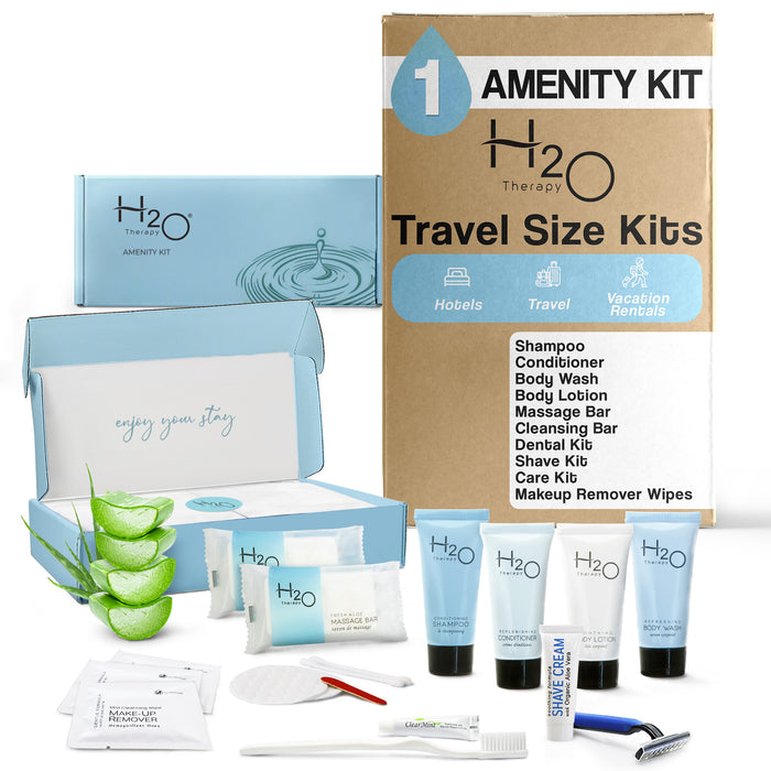 H2O Therapy Amenity & Accessory Kit | 0.85 oz Travel Size Shampoo, Conditioner, Lotion, Body Wash, Massage Bar, Cleansing Bar, Shave & Dental Sets, Make-Up Remover Wipes, & Vanity Kit | 1 set per case