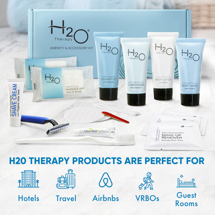 H2O Therapy Amenity & Accessory Kit | 0.85 oz Travel Size Shampoo, Conditioner, Lotion, Body Wash, Massage Bar, Cleansing Bar, Shave & Dental Sets, Make-Up Remover Wipes, & Vanity Kit | 1 set per case