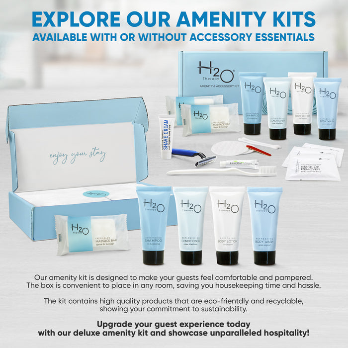 H2O Therapy Amenity & Accessory Kit | 0.85 oz Travel Size Shampoo, Conditioner, Lotion, Body Wash, Massage Bar, Cleansing Bar, Shave & Dental Sets, Make-Up Remover Wipes, & Vanity Kit | 1 set per case