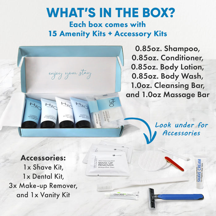 H2O Therapy Amenity & Accessory Kit | 0.85 oz Travel Size Shampoo, Conditioner, Lotion, Body Wash, Massage Bar, Cleansing Bar, Shave & Dental Sets, Make-Up Remover Wipes, & Vanity Kit | 15 sets/case