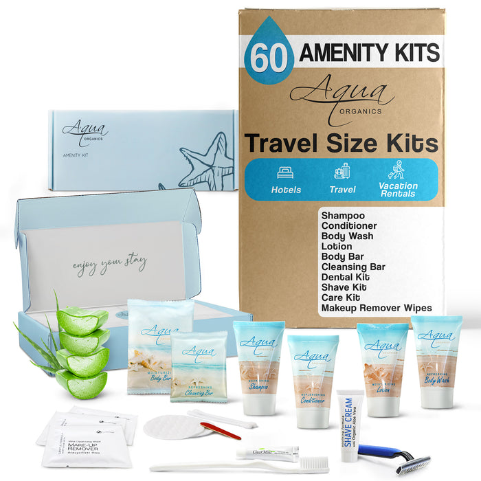 Aqua Organics Amenity & Accessory Kit | 1 oz Travel Size Shampoo, Conditioner, Lotion, Body Wash, Body Bar, Cleansing Bar, Shave & Dental Sets, Make-Up Remover Wipes, & Vanity Kit | 60 sets per case