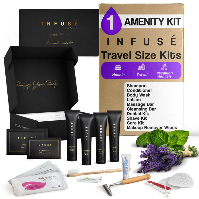 Infuse Black Amenity & Accessory Kit | 1 oz Travel Size Shampoo, Conditioner, Lotion, Body Wash, Body Bar, 2 Cleansing Bar, Shave & Dental Sets, Make-Up Remover Wipes, & Vanity Kit | 1 set per case