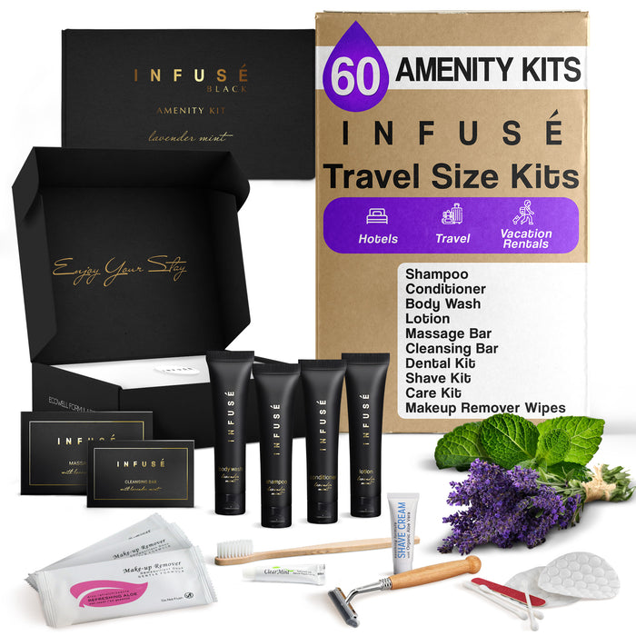 Infuse Black Amenity & Accessory Kit | 1 oz Travel Size Shampoo, Conditioner, Lotion, Body Wash, Body Bar, 2 Cleansing Bar, Shave & Dental Sets, Make-Up Remover Wipes, & Vanity Kit | 60 sets per case