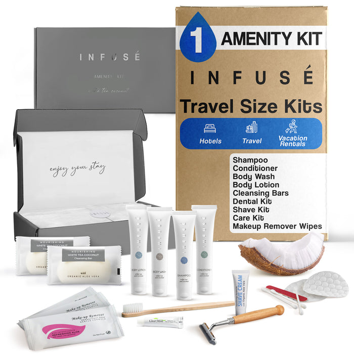 Infuse Amenity & Accessory Kit | 1 oz Travel Size Shampoo, Conditioner, Lotion, Body Wash, 2 Cleansing Bars, Shave & Dental Sets, Make-Up Remover Wipes, & Vanity Kit | 1 set per case