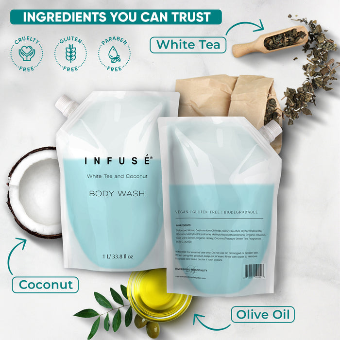 INFUSÉ 1 Liter Body Wash Refill Bag For Soap Dispensers | Bulk Toiletries for Vacation Rentals, and Home Bathroom Showers | White Tea and Coconut | Set of 12
