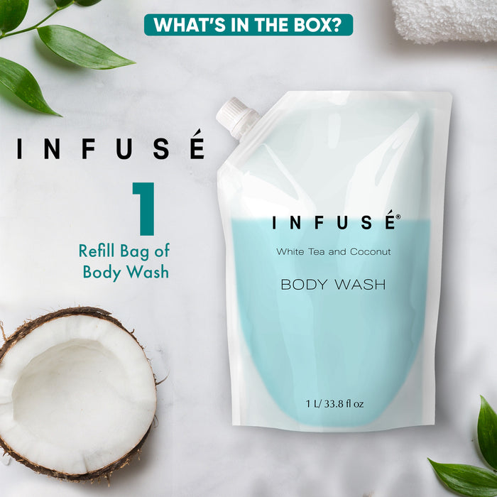 INFUSÉ 1 Liter Body Wash Refill Bag For Soap Dispensers | Bulk Toiletries for Vacation Rentals, and Home Bathroom Showers | White Tea and Coconut | Single