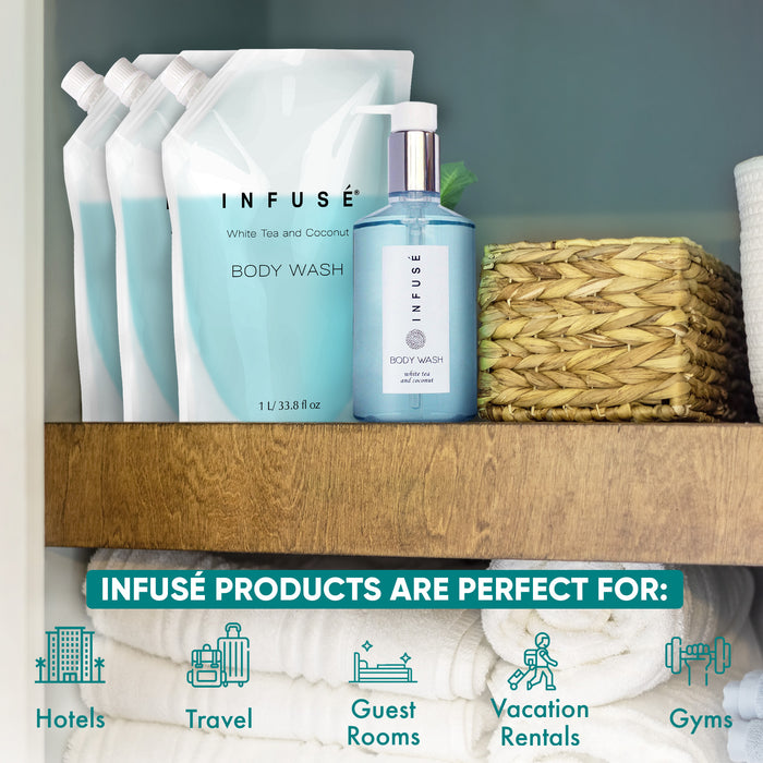 INFUSÉ 1 Liter Body Wash Refill Bag For Soap Dispensers | Bulk Toiletries for Vacation Rentals, and Home Bathroom Showers | White Tea and Coconut | Single