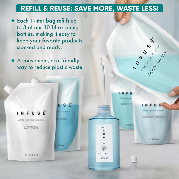 INFUSÉ 1 Liter Body Wash Refill Bag For Soap Dispensers | Bulk Toiletries for Vacation Rentals, and Home Bathroom Showers | White Tea and Coconut | Single